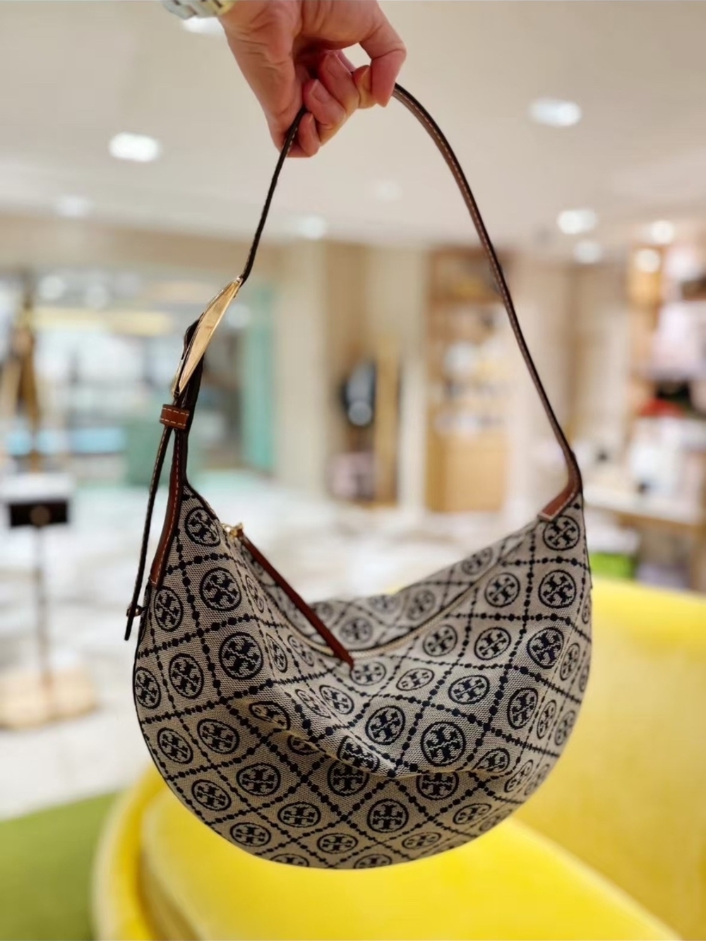 Tory Burch Beige Canvas Crescent Shoulder Bag with Navy Logo Print